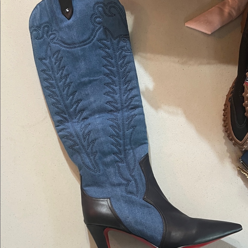 Elegant Denim and Black Heeled Boots